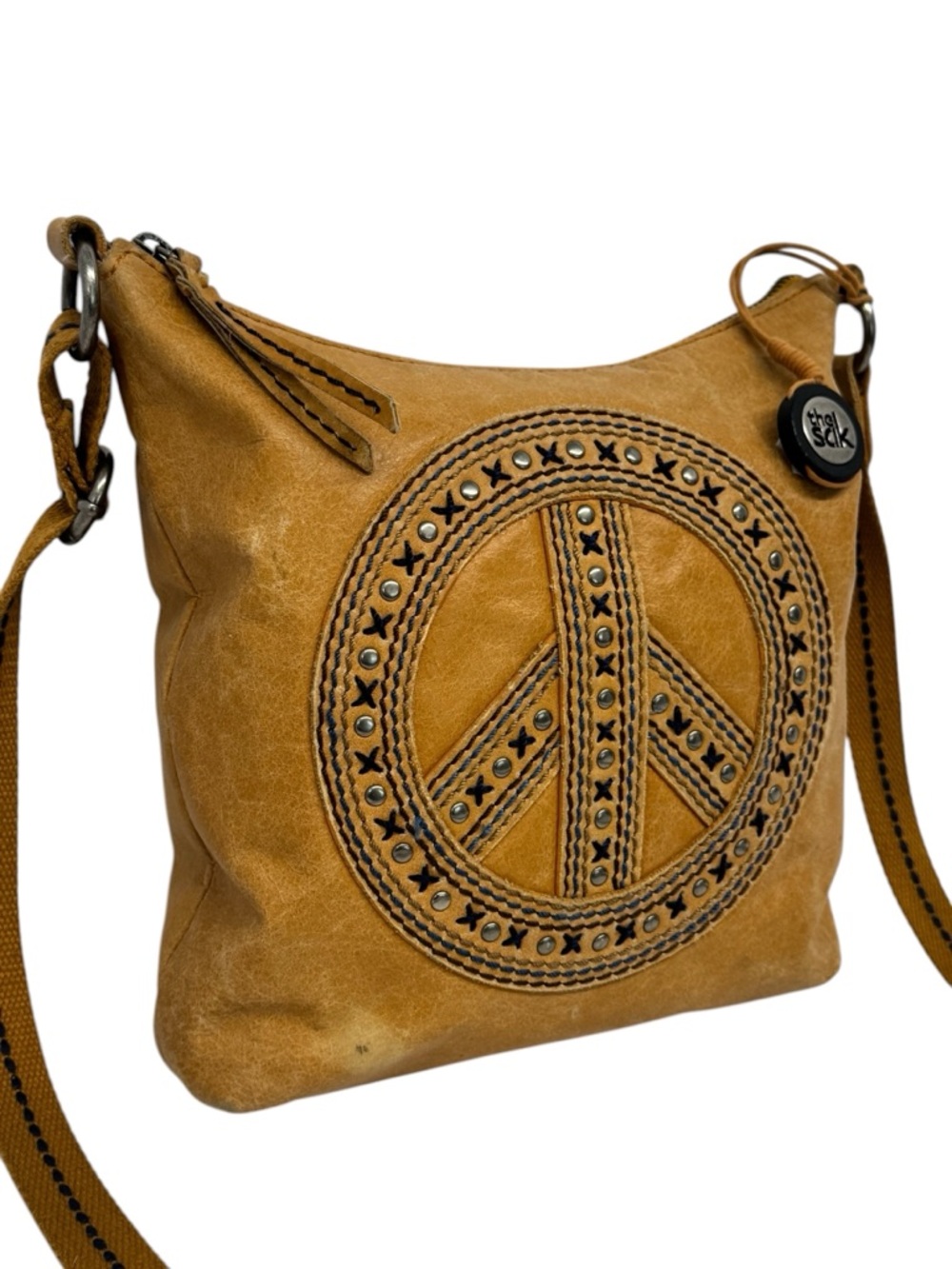 The Sak Camel Brown Leather Peace Sign Design Crossbody Studded Purse Bag 11x11 - Picture 4 of 16